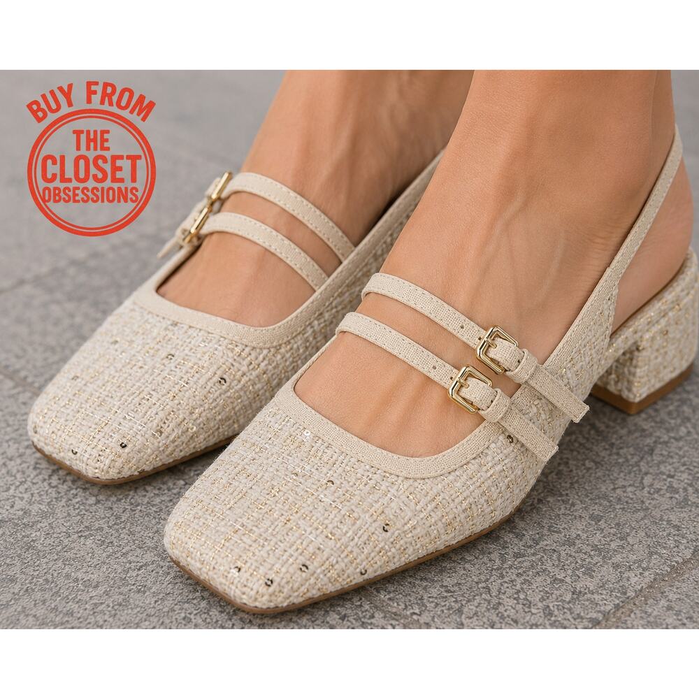 Zara NWT Cream Tweed Mary Jane Slingback Block Heels 7.5